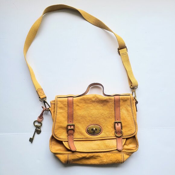 Fossil Mustard Yellow Leather Messenger Bag / Laptop Bag - Picture 1 of 7